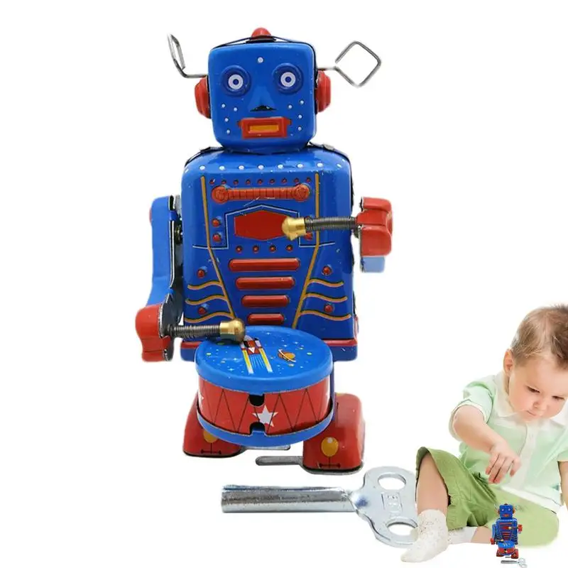 Vintage Metal Robot Toy Drumming Robot Wind Up Toys Portable Antique Swinging Toys Blue Clockwork Toys For Tabletop Bookshelf