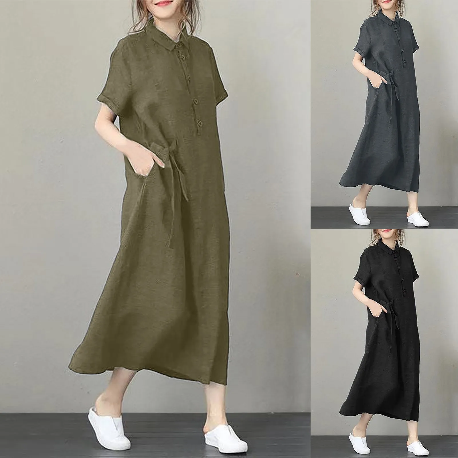 Summer Women\'s Dress 2024 Fashion Lapel Button Short Sleeve Shirt Dress Solid Colour Loose Casual Long Dresses With Pocket