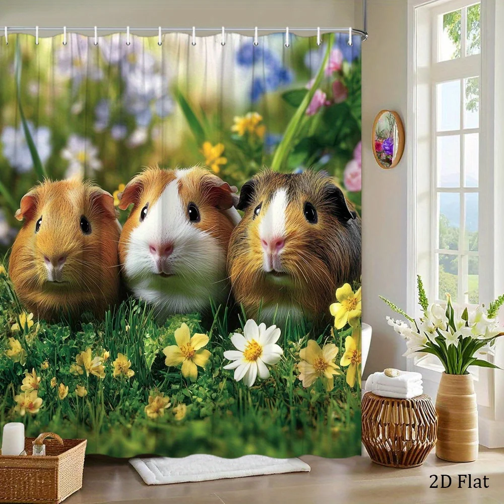 1pc Guinea Pigs in Garden Shower Curtain - Vibrant Floral Design with Adorable Guinea Pigs, Includes 12 Hooks, 70.8x70.8 Inches,