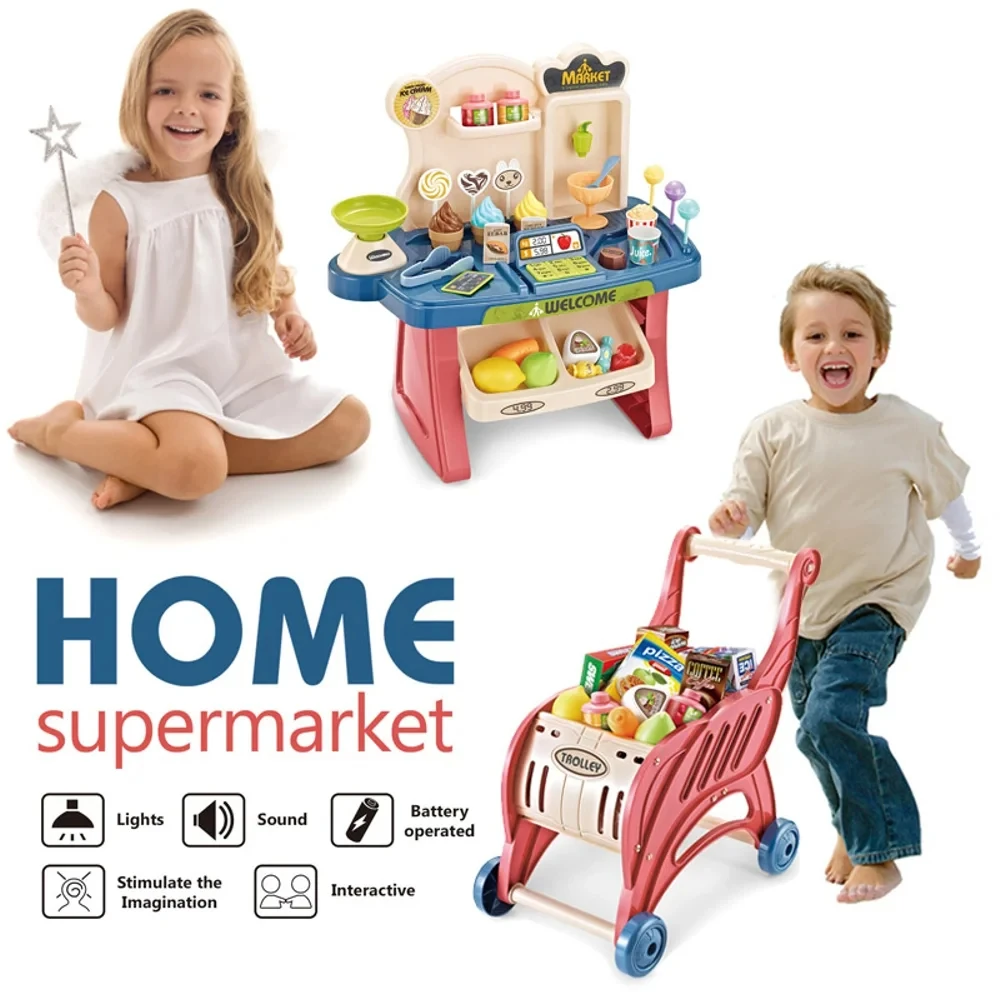 2 in 1 슈퍼마켓 장난감 놀이 세트 (40개 구성품 포함) 유아용 장난감, 트롤리 포함, 식료품점 놀이, 조기 학습, 역할 놀이