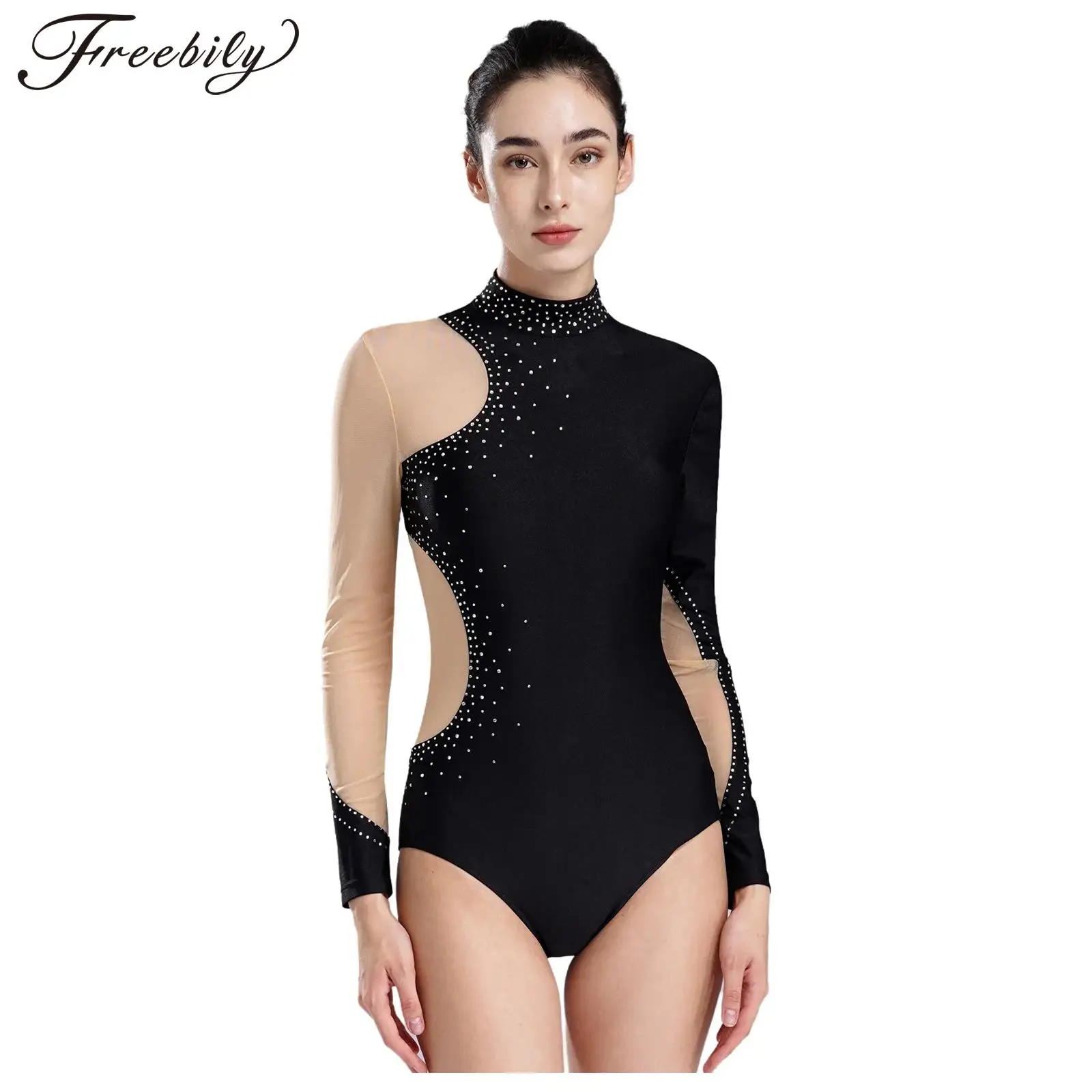 

Womens Glittery Rhinestones Figure Skating Leotard Sheer Mesh Splice Long Sleeve Dance Gymnastics Performance Costume Bodysuit