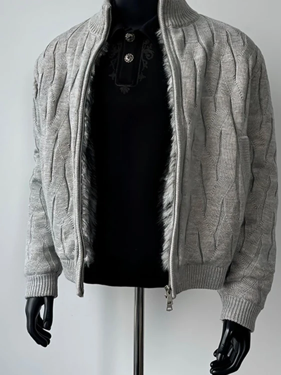 

2025 New American Knitted Mountain Eagle Jaet Men's High-End Fce-Lined Thiened Open Cardigan Sweater Casual Sle