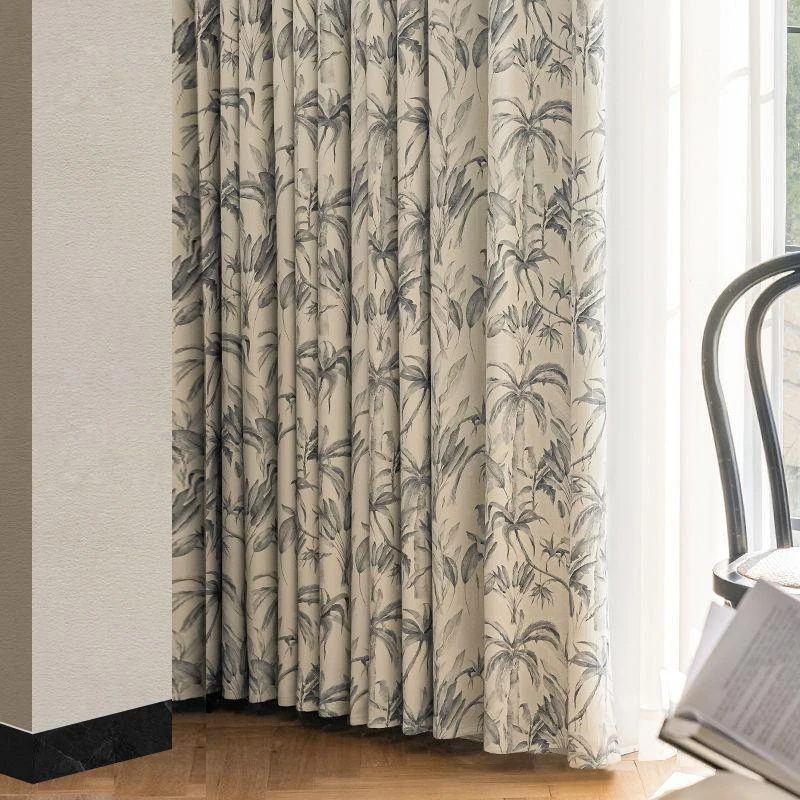 French Ink Plant Texture Window Curtains Cyclic Versatile High-end Curtains for Living Room Soft Home Decoration Hanging Curtain