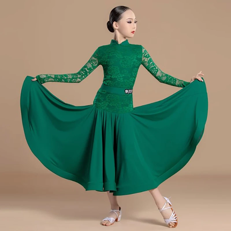 

Kids Girls Modern Dancewear Childrens Lace Long Sleeve Bodysuit and Large Skirt National Standard Performance Dance Costumes