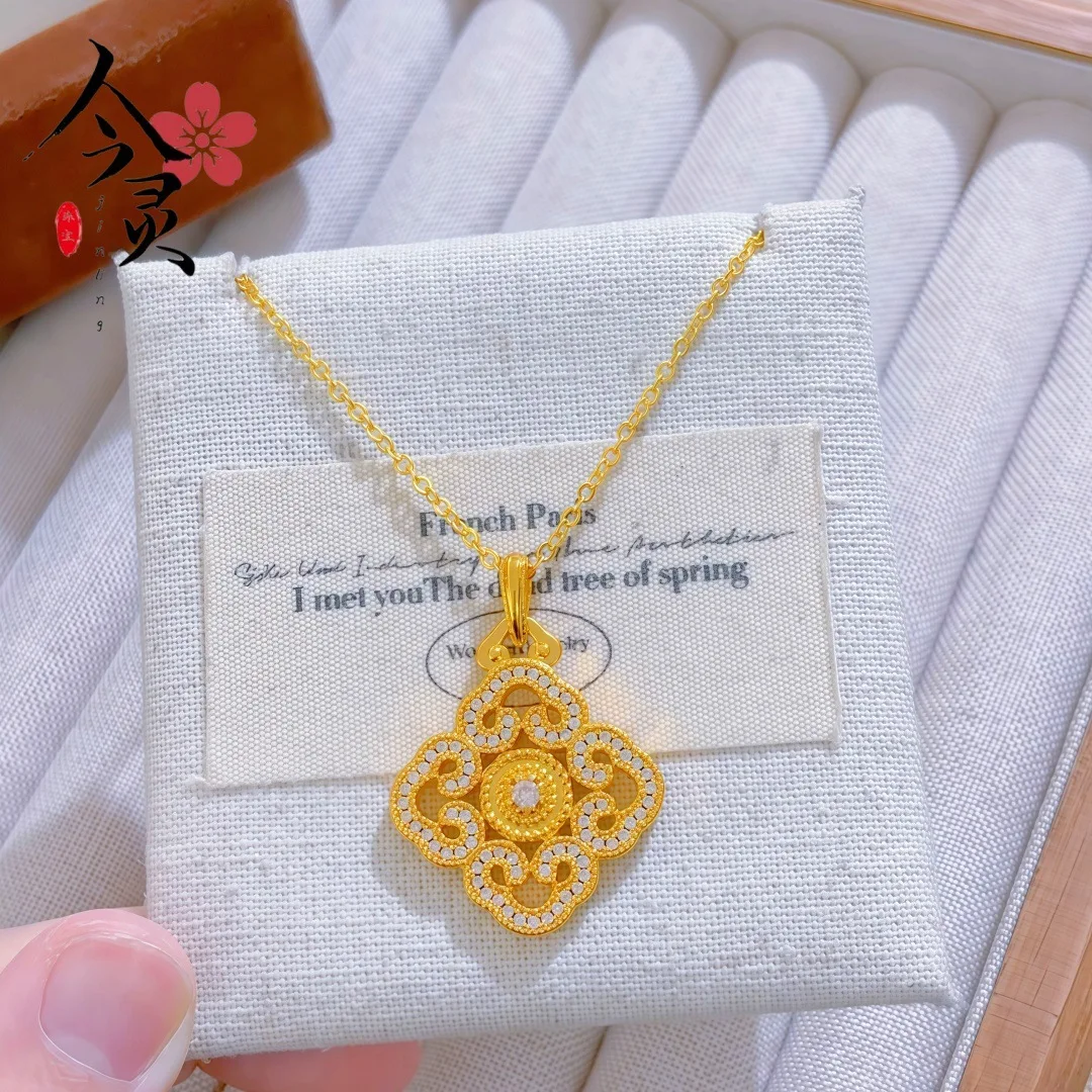 

Luxury 24K 9999 Pure Gold real gold Hollow Full Diamond Ruyi Pendant Necklace Women's Lucky Grass Pendant Necklace