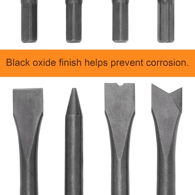 Conjunto de cinzel de martelo de ar, 4 unidades, haste hexagonal, cabeça de impacto de ar resistente para remoção de ferrugem, acessórios de ferramentas pneumáticas de corte