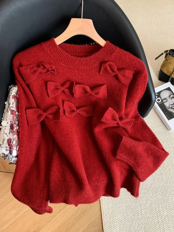 

Soft Comfortable Red Sweater Women's Winter New Year Knot round Ne Top Outerwear Slimming Versatile Casual Sle