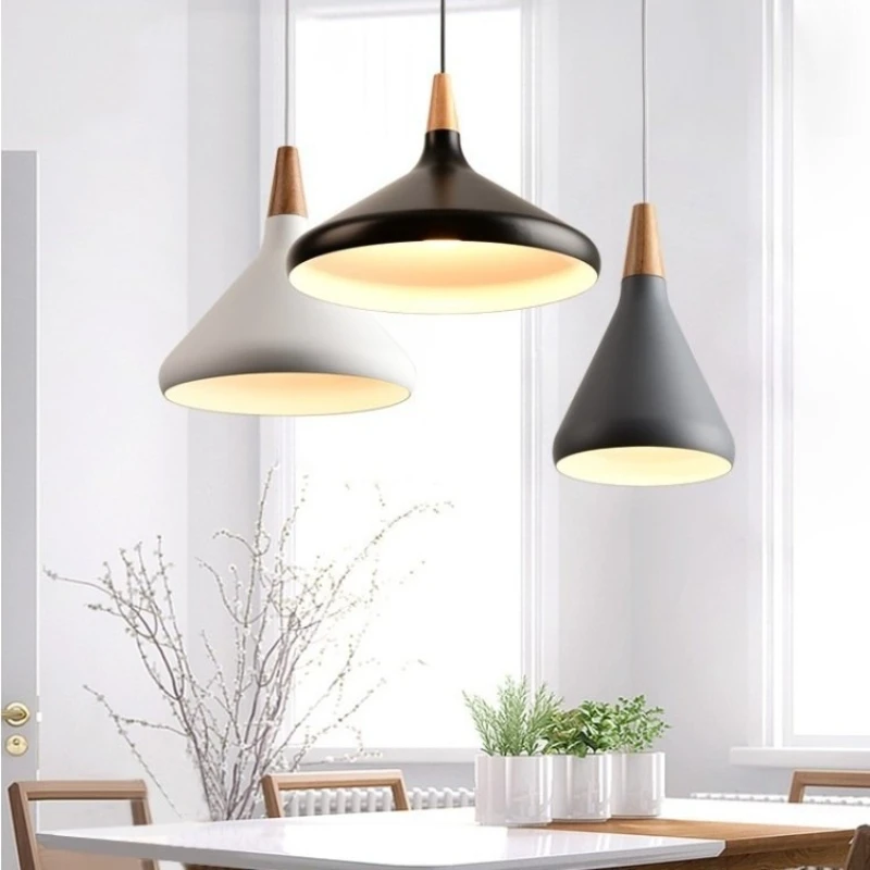 

Минималистичные подвесные светильники E27, деревянный алюминиевый абажур, лофт-лампа, бар, кафе, ресторан, матовый, черный, белый цвет, подвесные светильники, светильники