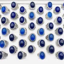 20pcs Retro Rings For Men and Women Blue Stone Vintage Jewelry Silver Plated Party Gift Wholesale