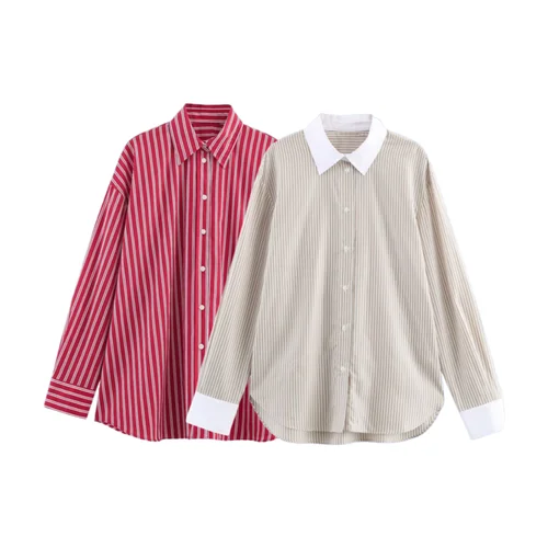 2025 otoño nuevo producto mujer Casual moda Simple y versátil cuello manga larga rayas viajero camisa suelta