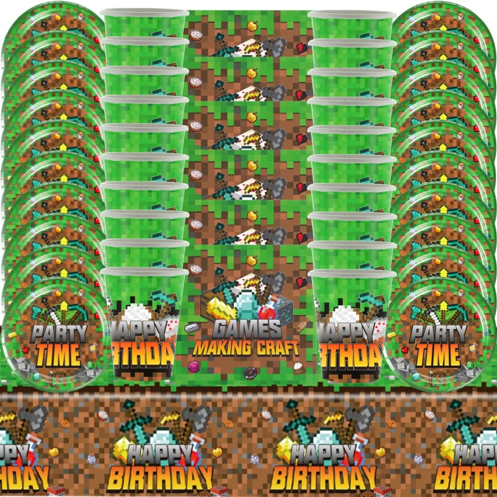 Miner Crafting Birthday Party Decoration Pixel Game Disposable Tableware Set Tablecloth Baby Shower Kids Gamer Party Supplies