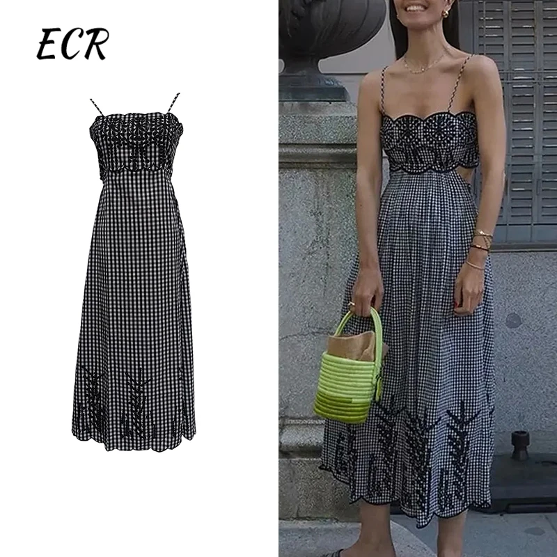 

ECR Colorblack Hollow Out Slimming Dresses For Women Square Collar Sleeveless Backless High Waist Plaid Embroidery Dress Female