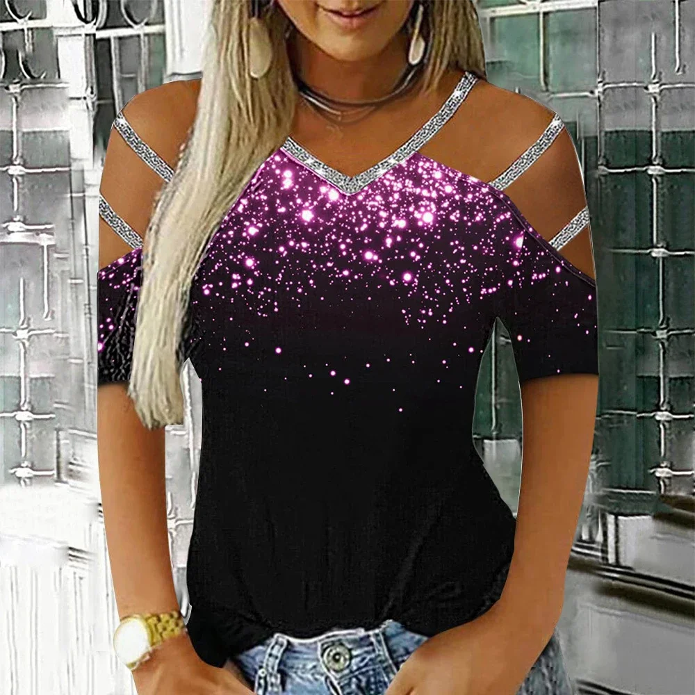 Women Glitter Short Sleeve V Neck T Shirt Ladies Casual Cold Shoulder Blouse Tops Clothing