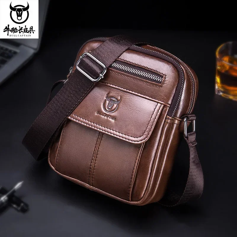 Bullcaptain Casual Men's Shoulder Bags Business Messenger Bag high-Quality Men's Cow Leather Bag's Mini Large Capacity Pocket