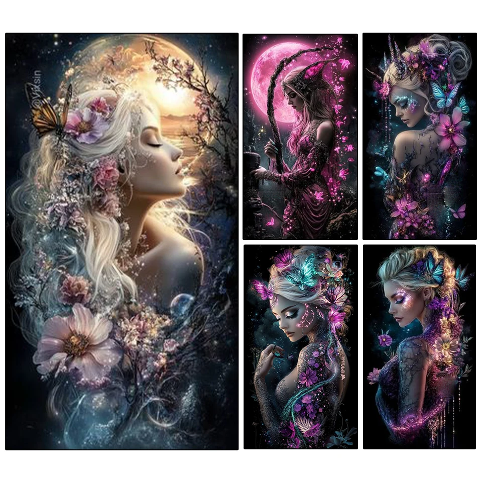 New 5D Diamond Painting Women and Flowers Butterfly Full Circle Square Mosaic Embroidery Rhinestone Cross Embroidery  Decoration