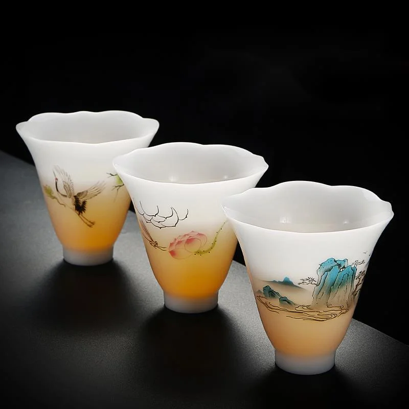 

Chinese Hand Painted Illustration And Hetian Jade Porcelain Tea Cup Creative Household Tea Bowl High End Light Luxury Petal Cup