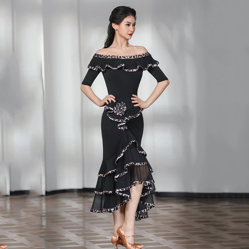 

2025 с одним воротником и леопардовым принтом, кружевные большие распашные юбки, комплект современной танцевальной одежды для женщин и взрослых, одежда для вальса, бальных танцев DQS19822