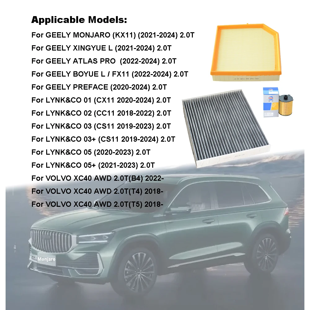 Filter Set For GEELY MONJARO KX11 2.0T 2023 2024 ATLAS PRO FX11 PREFACE LYNK&CO 01 02 03+ 05 VOLVO XC40 Cabin A/C Air Oil Filter