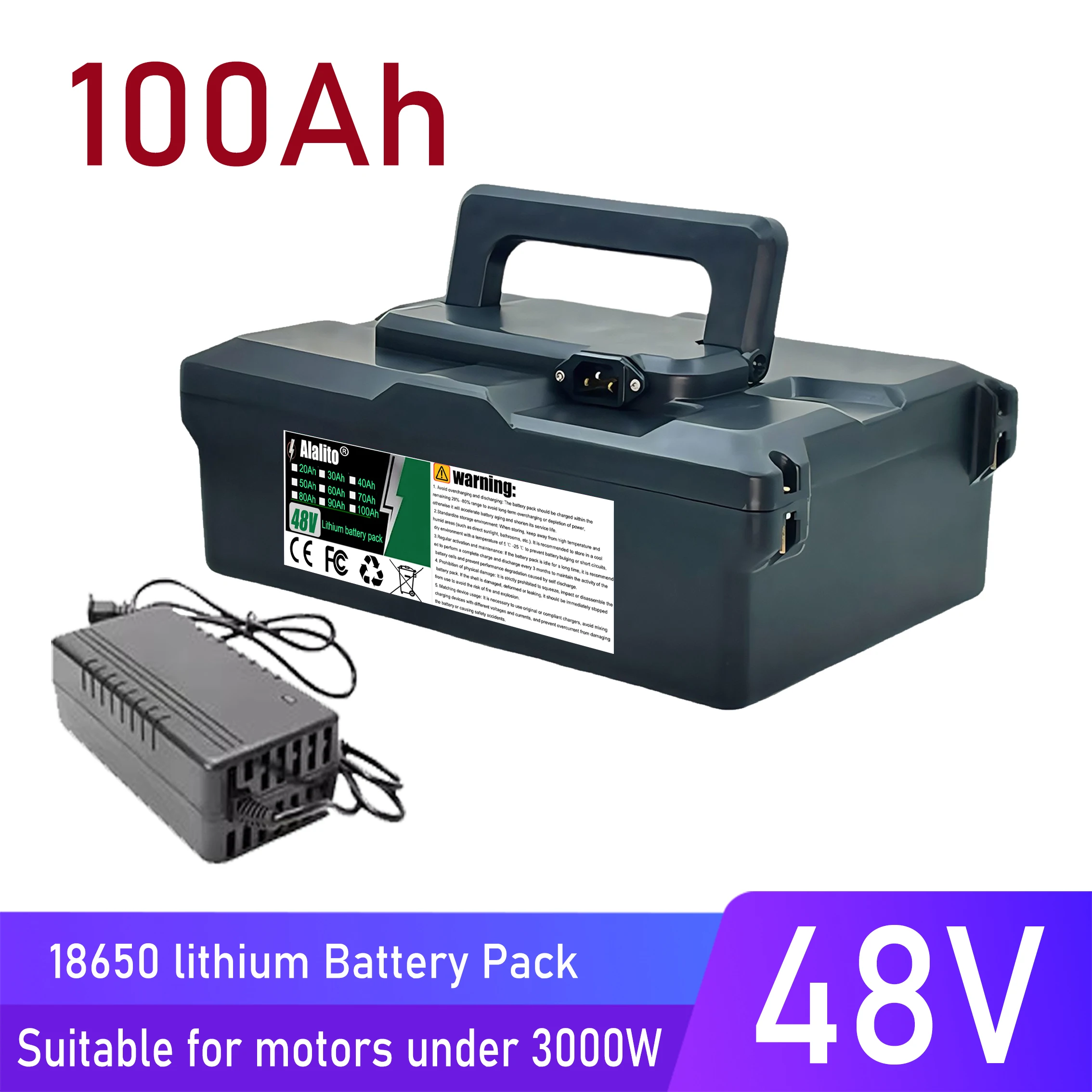 항공 빠른 운송, 48V 100Ah, 24시간 이내 발송, 새로운 18650 리튬 배터리, 3000W 미만 모터에 적합, 전체 용량