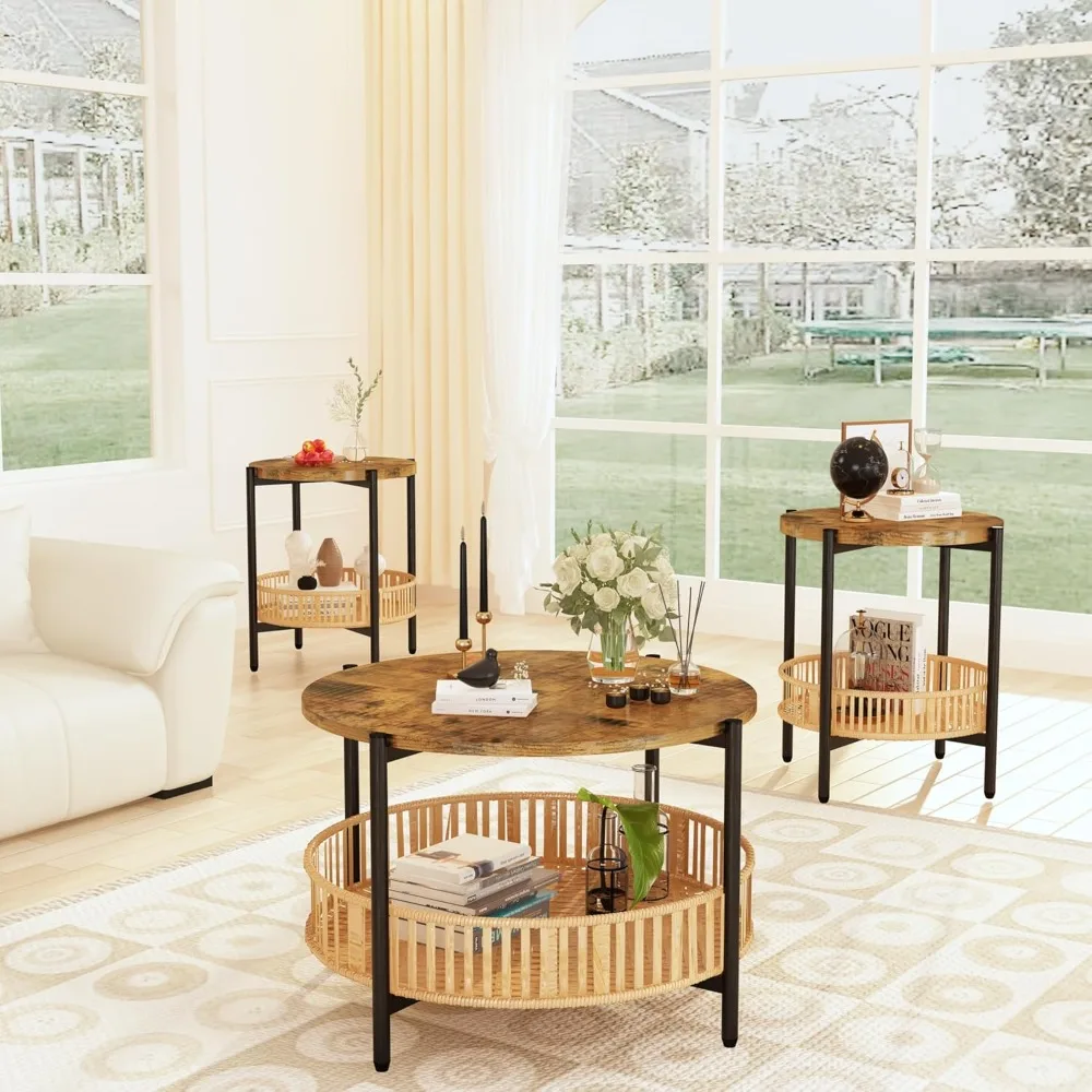Boho Chic 3-Piece Coffee Table Set for Living Room with Rattan Shelf and Metal Frame, Round Tables