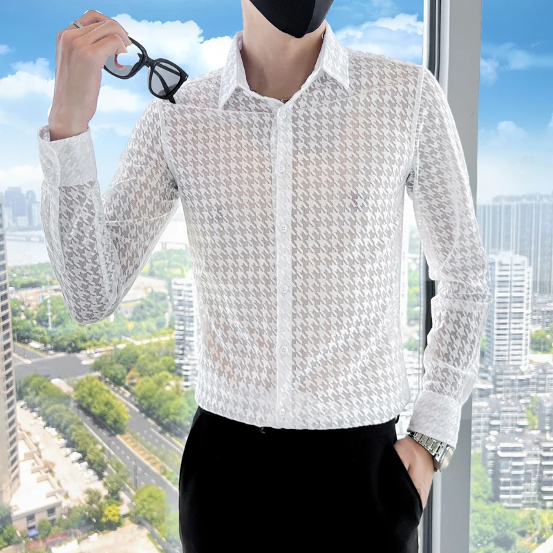 Sexy Transparent Mesh Long Sleeved Shirts for Men Fashion Party Night Club Plaid Printed Slim Fit 4XL Mens Dress Shirt Plus Size
