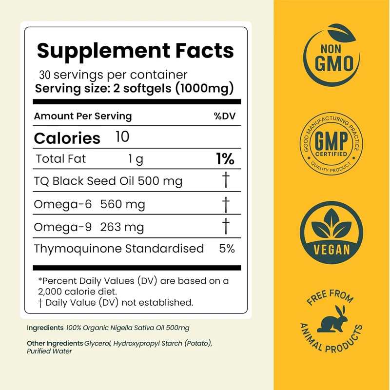 Black Seed Oil Organic Cold Pressed Capsules | 5% Hyaluronic Quinone, Non GMO and Vegetarians, Omega 3 6 9 Health Support
