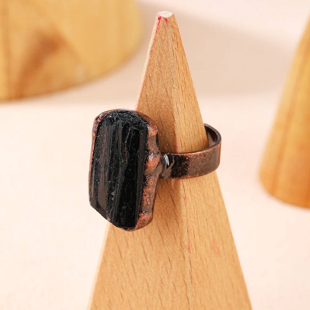 Adjustable Ring Irregular Black Tourmaline Natural Stone Reiki Healing Crystal Bronze Metal Open Rings Gift for Women Jewelry view 3