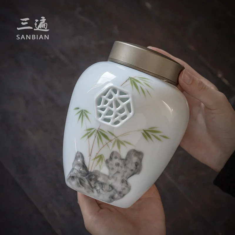 Three Time Hand-Painted Bamboo Window Wer Tea Can With Square Ceramic Sealed Alloy Lid, Moisture-Proof Gift Box For