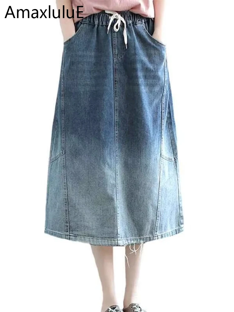 AmaxluluE 2025 Summer Womens Fashion Loose Vintage Denim Skirts Ladies Luxury Classic Casual Elastic Waist Holes Blue Streetwear