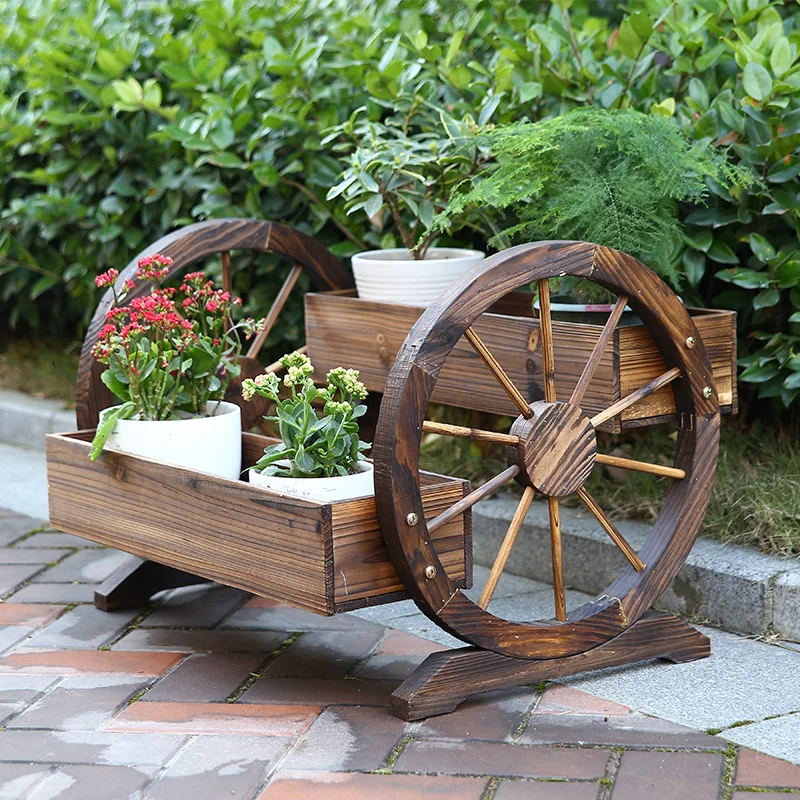 Solid wood float outdoor garden courtyard potted plant balcony anti-corrosion wooden flower stand solid wood wheel flower