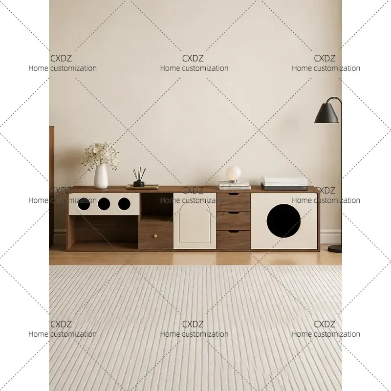 Antique TV Cabinet with Integrated Cat Nest Living Room Floor Standing Pet Furniture Shared Space for People and Pets Cat