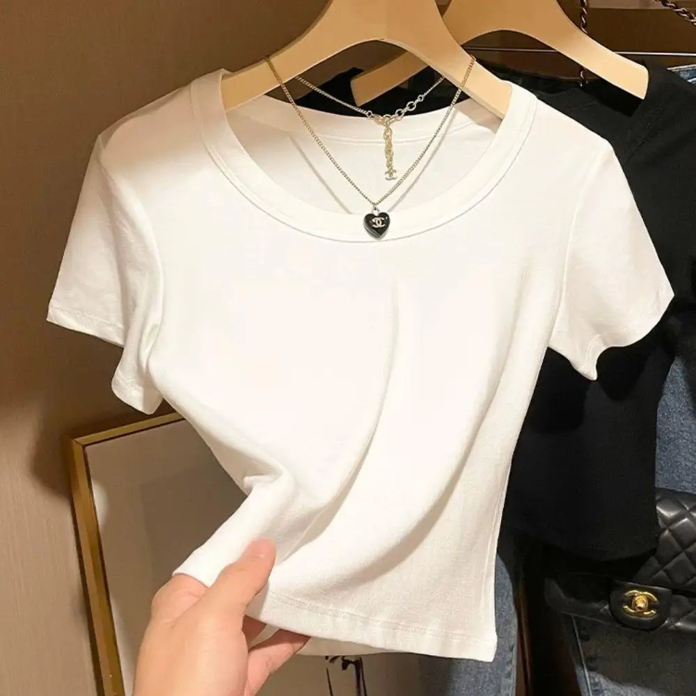 

Лето 2025 года, тонкая футболка, женская сексуальная футболка с коротким рукавом и круглым вырезом, черно-белая футболка, женские однотонные базовые корейские укороченные топы, хит продаж Y2k