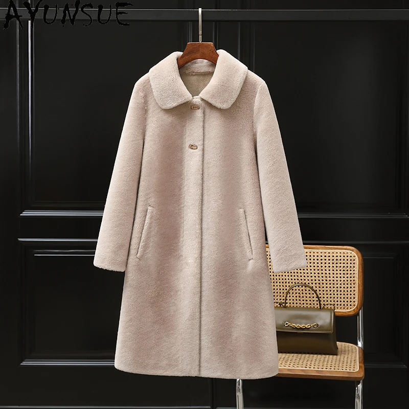 เสื้อโค้ทขนสัตว์แท้ 100% ยี่ห้อ AYUNSUE สำหรับผู้หญิง ปี 2025 แจ็คเก็ตขนแกะแท้ เสื้อผ้าฤดูหนาวสำหรับผู้หญิง ขนสัตว์ผสม เสื้อโค้ทขนสัตว์ ความยาวปานกลาง