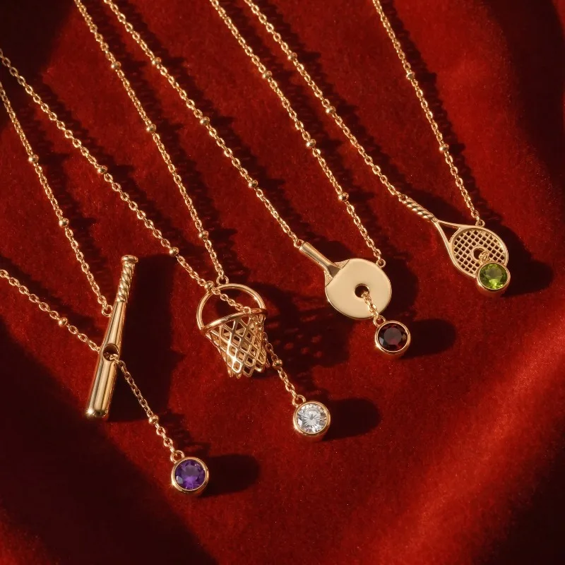 Gold Plated Sport Racket Pendant Necklace with Colorful Crystal Baseball Tennis Dainty ChainTrendy  Layering Jewelry for Women
