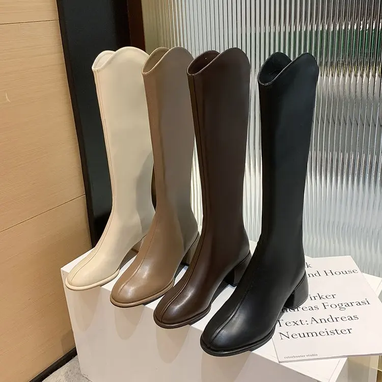 2023 New Winter Style with Fleece Medium Chunky Heel Knight Boots Women's High Tube Thinner-looked High Heel Shorty Long Boots