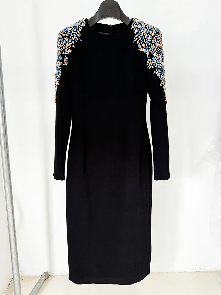 HIGH Quality Newest 2024 Designer Fashion Women\'s Long Sleeve Rhinestone Diamonds Beaded Midi Dress