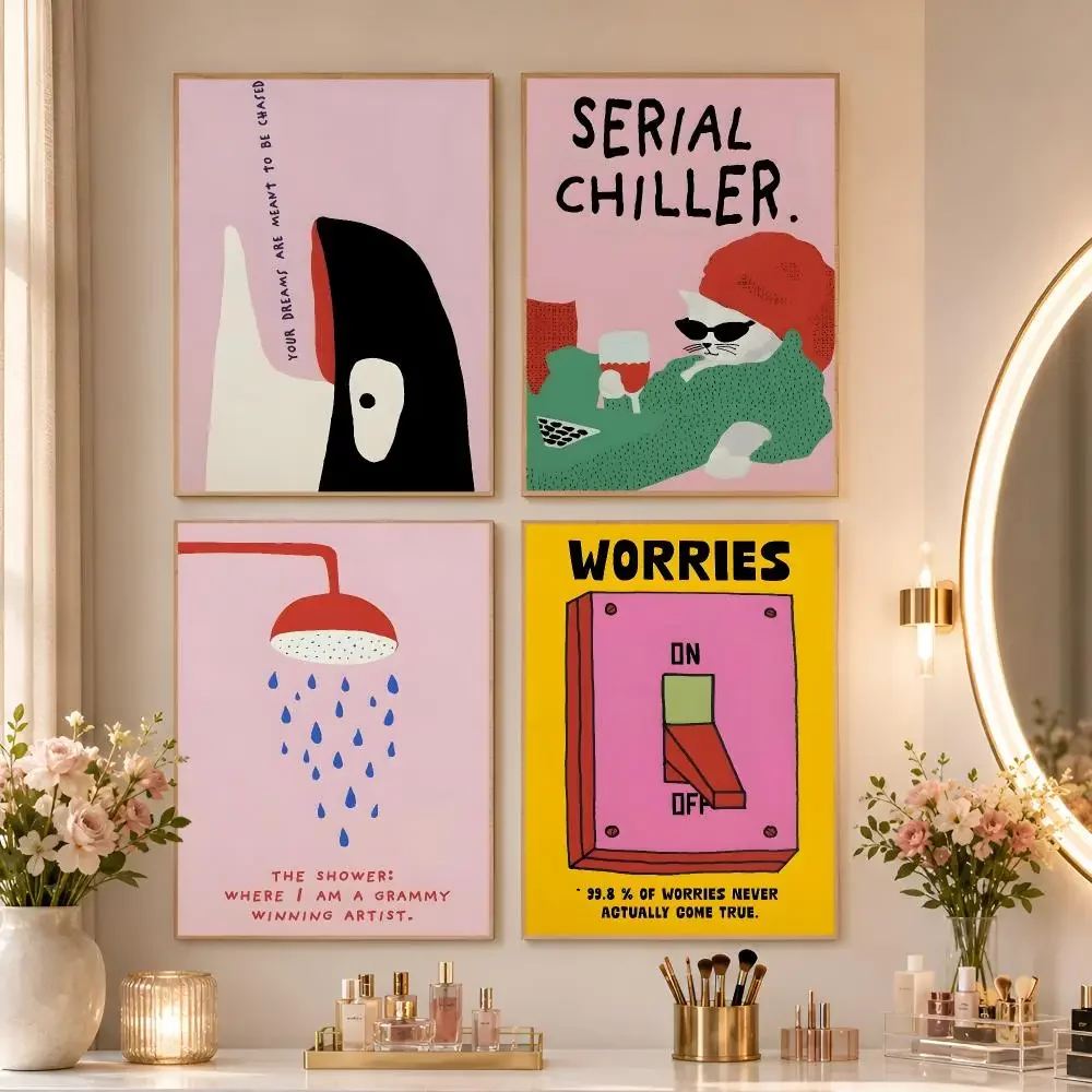 Funny Bathroom Lazy Cat Diva Duck Shower Bathtub Retro Illustration Poster Matte Wall Art Living Room Bedroom Home Wall Decor