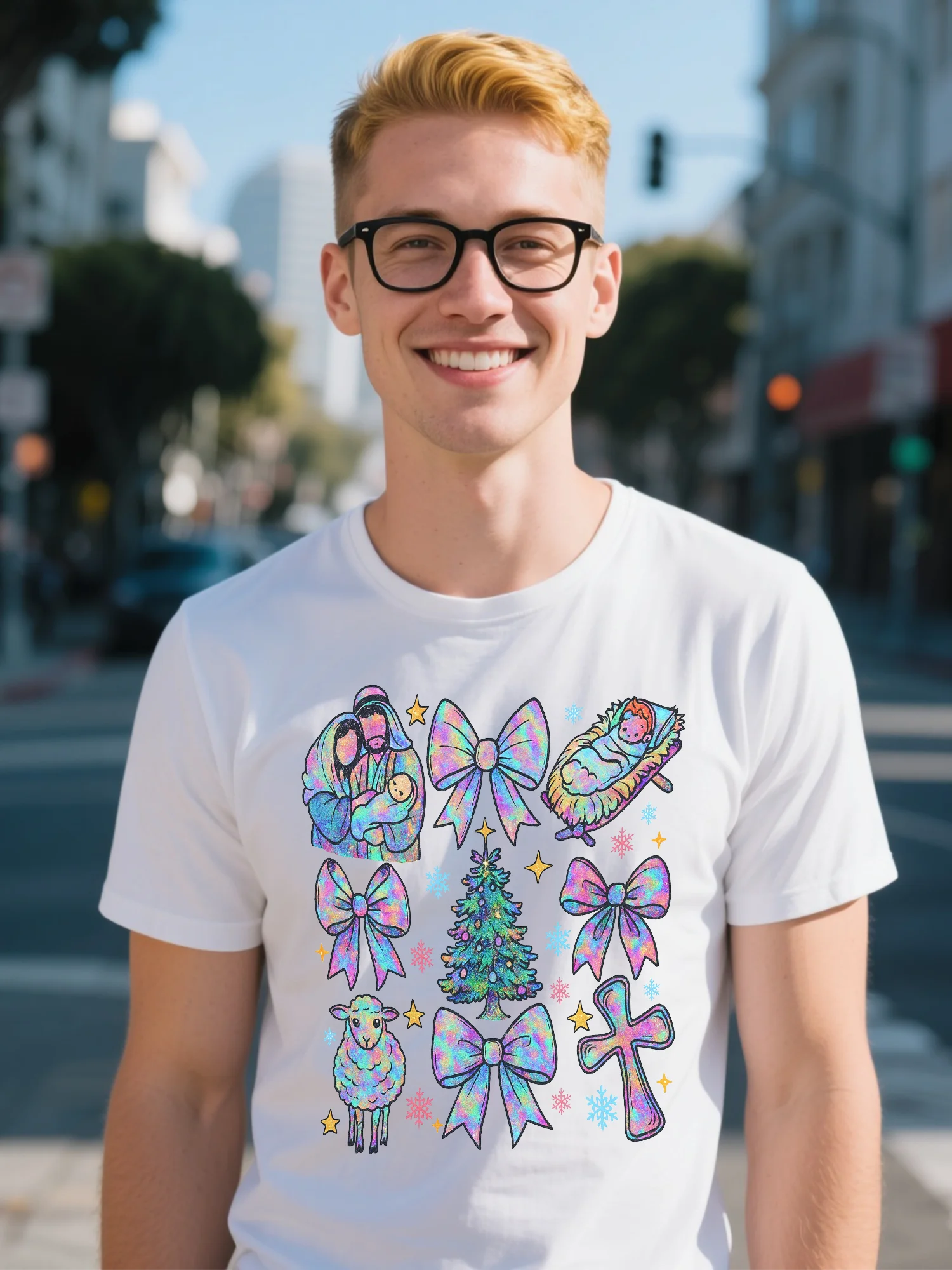 

Men's 100% Organic Cotton T-Shirt - White High Street Candy Cane Print, Maximalist Urban Christmas