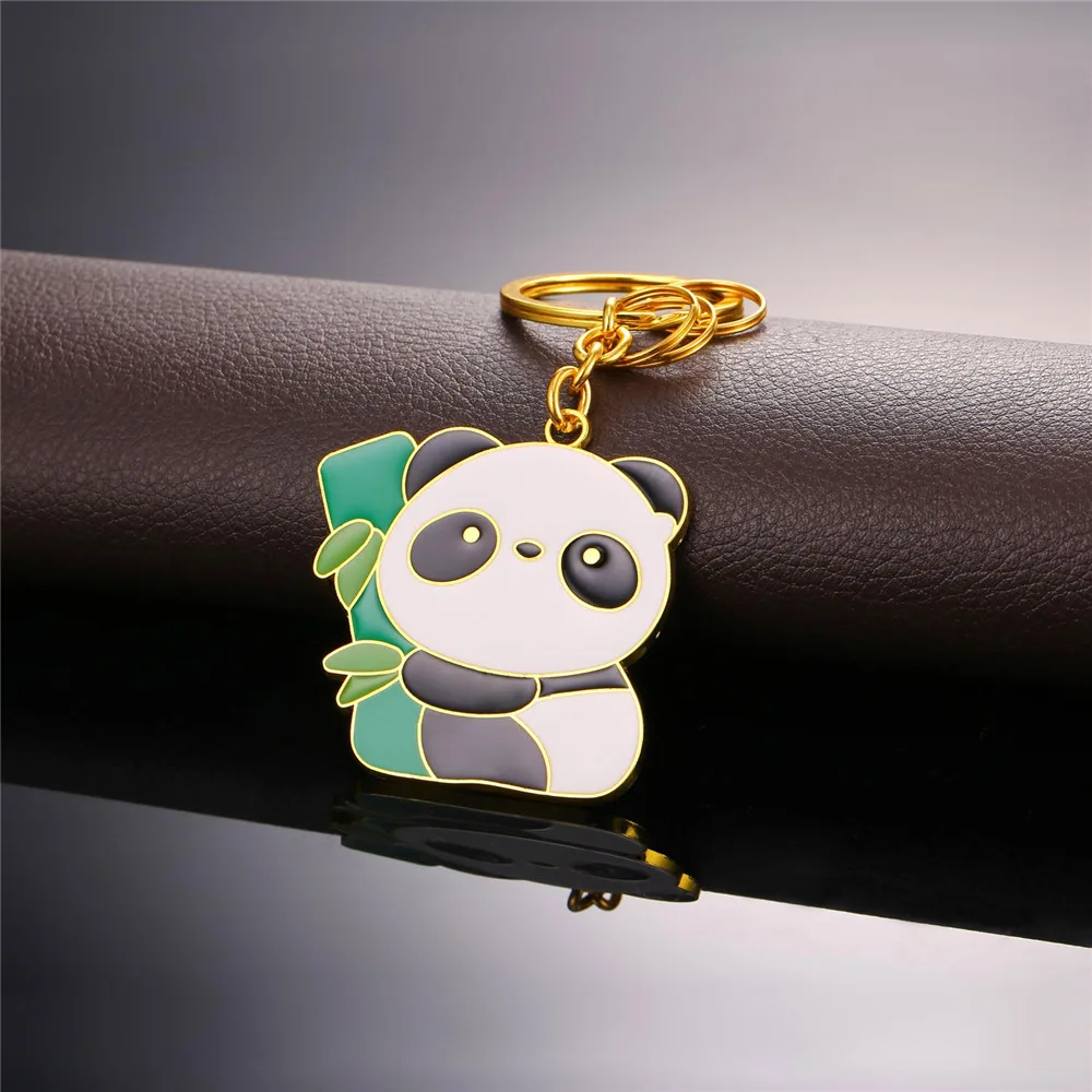 U7 Zománc Sztrájktörő majd Fehérítőszer Panda Zsozsó Bambusz keychain számára férfiak Nők Arany színben Animal Tapogat tartóját vel 3pcs kicsi gyűrűk K012