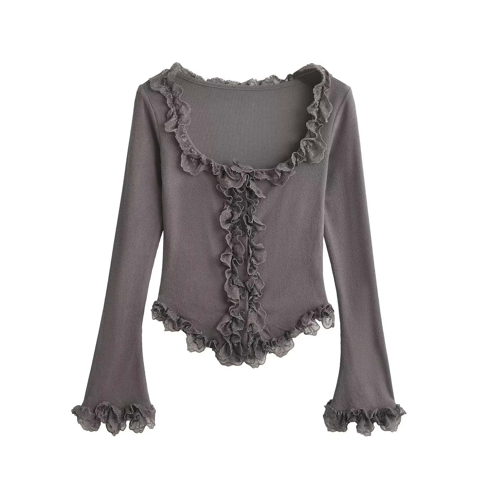 

Sexy Long Sleeve Lace Trim T-Shirt Women's Soft Flocking Base Shirt Short Style U-Neck Design Pure Desire Lip-Licking Design