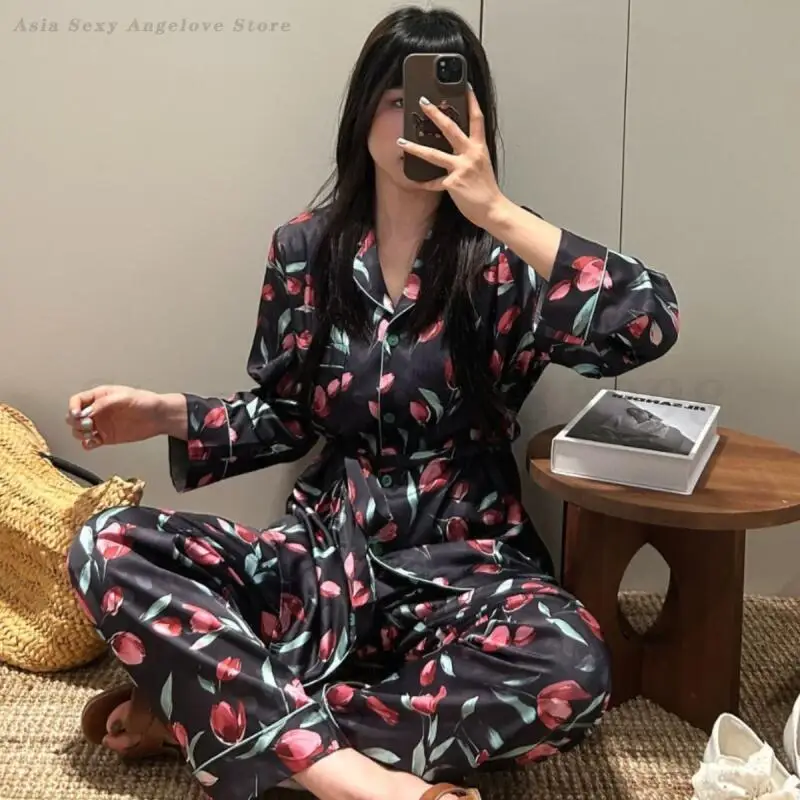 

Женские пижамы с длинными рукавами, брючные костюмы, элегантный пижамный костюм с цветочным принтом, одежда для отдыха, весенне-осенняя атласная одежда для сна, домашняя одежда