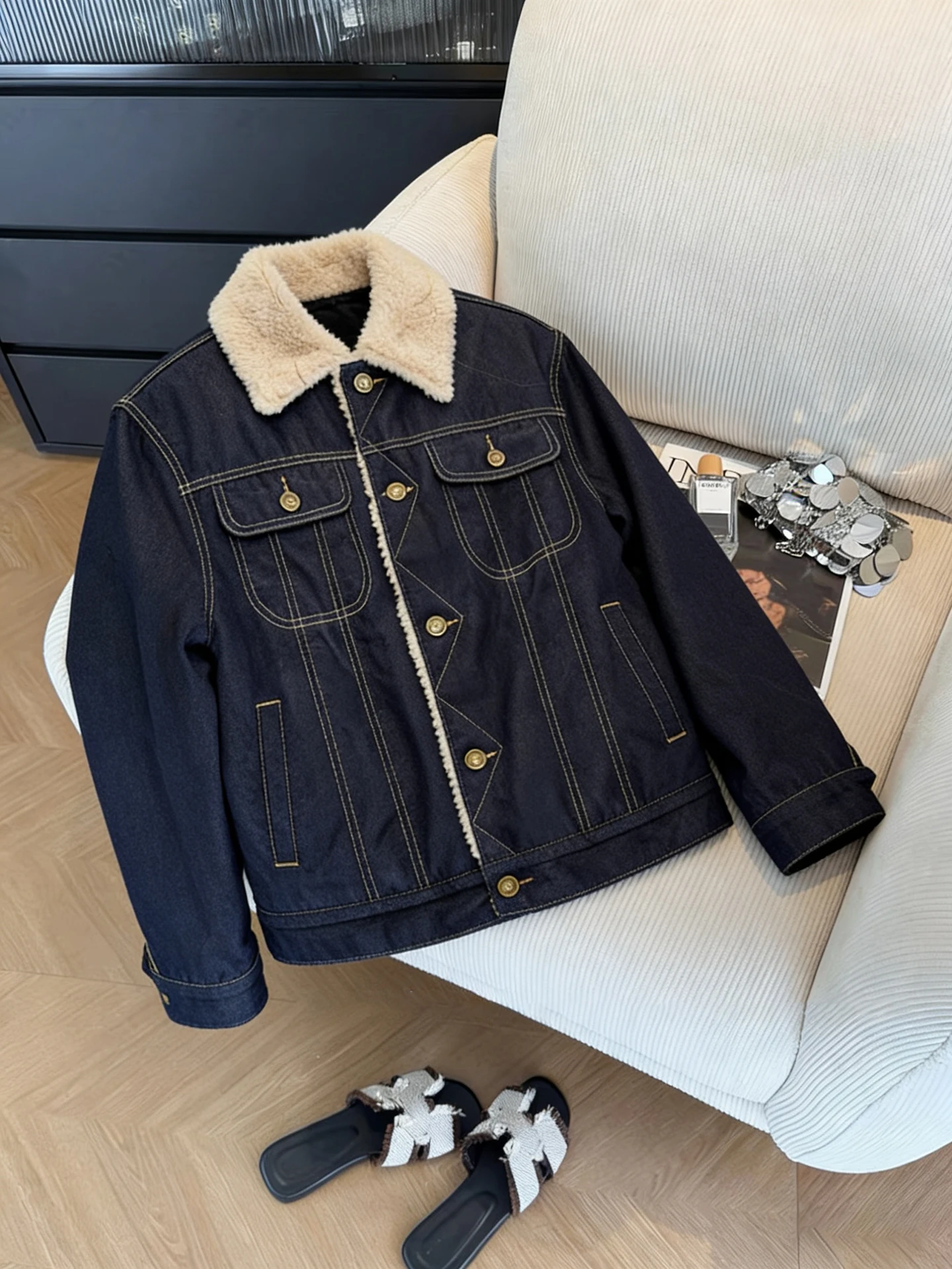 

Джинсовая куртка с воротником из меха ягненка в стиле ретро, повседневная хлопковая куртка на весну и осень для мужчин и женщин