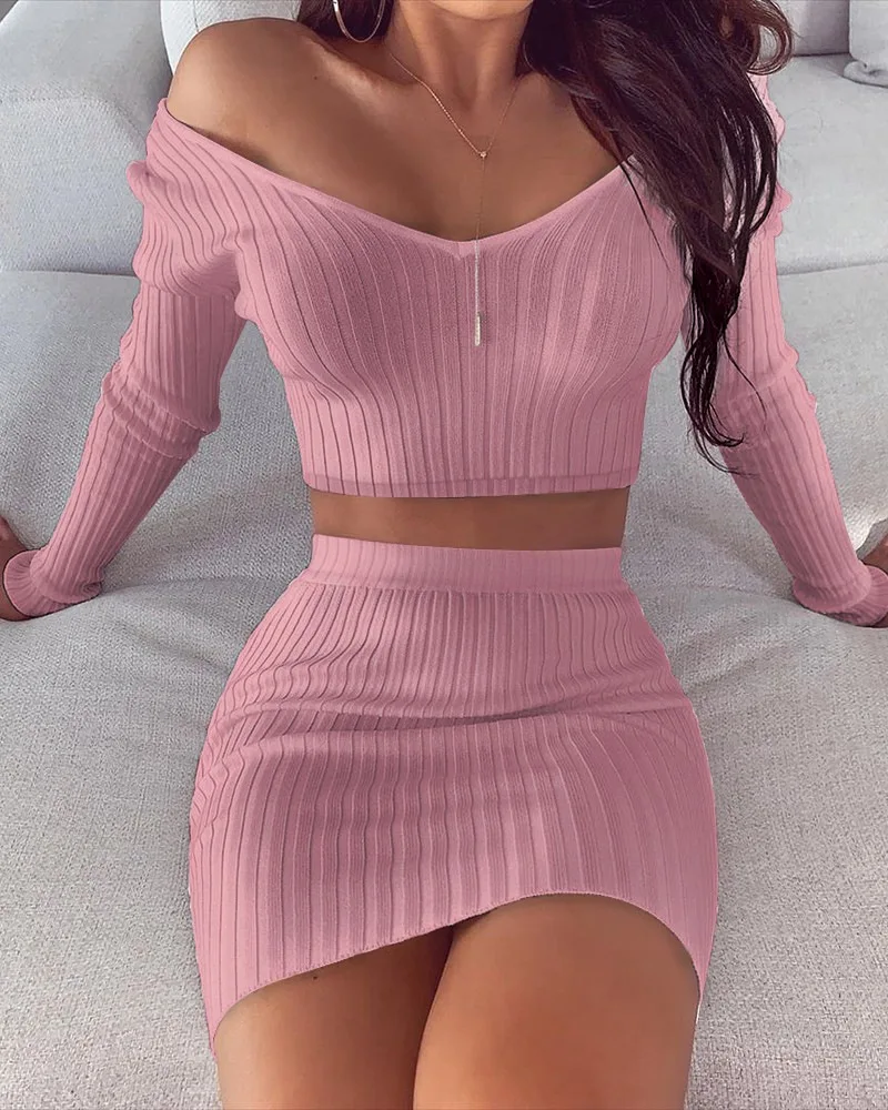 Striped Knit Two Piece Set Soft Women 2021 Autumm V Neck Slim Off the Shoulder Long Sleeve Elegant Ladies Suit