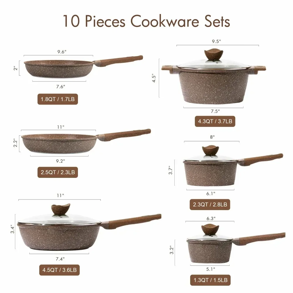 Nonstick Granite Cookware Sets, 10 Pcs Brown Granite Pots and Pans Set, Induction Stone Kitchen Cooking Set