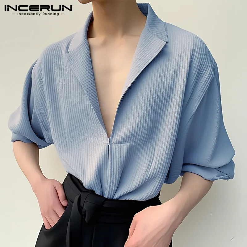 2024 Men Shirt Solid Color Lapel Long Sleeve Zipper Pleated Loose Men Clothing Streetwear Korean Fashion Casual Shirts INCERUN