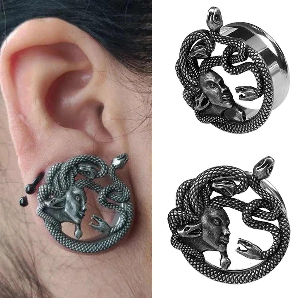 Esparcidor de sillín de oreja de serpiente, Túnel de acero y tapones, pesas para los oídos, colgador de Metal para la oreja, calibrador de tapón para la oreja, ensanchador de joyería, 1 par