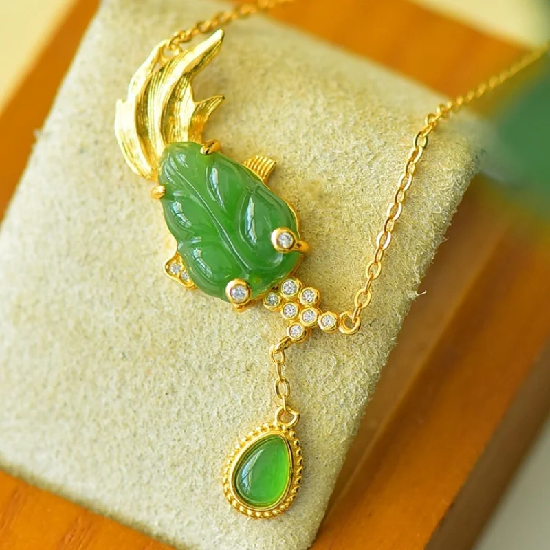 SGARIT Natural Hetian Green Jade S925 Silver Goldfish Collarbone Necklace 30*20mm Exquisite Versatile Fine Texture Jadeite