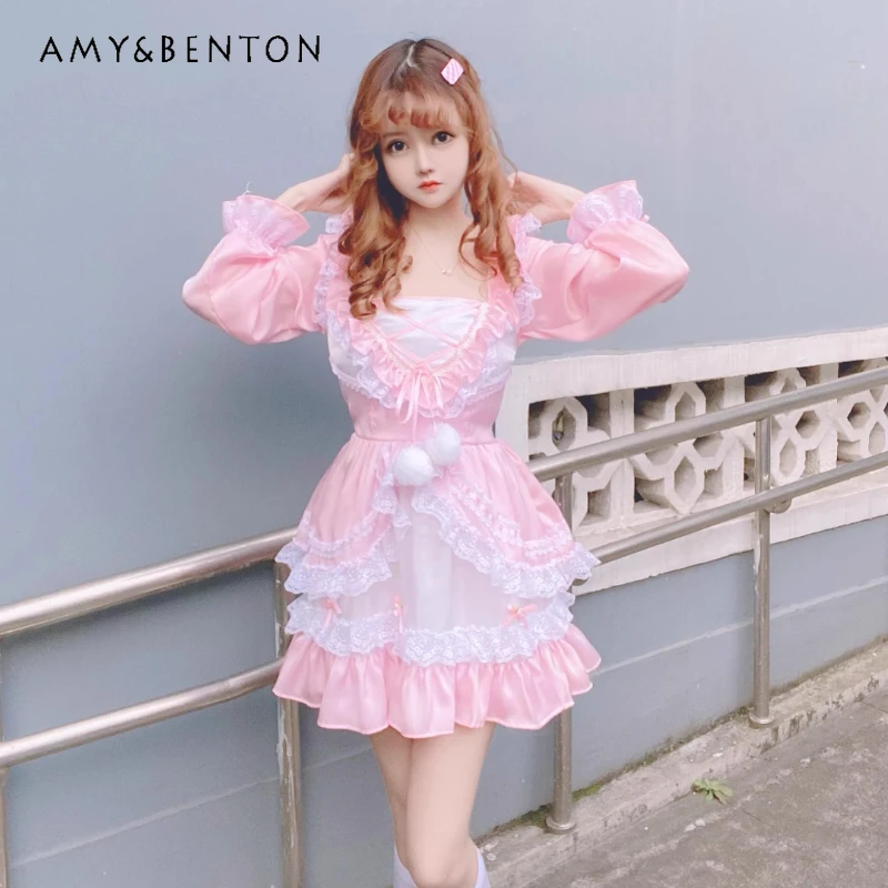 

2026 Summer New Original Sweet Waist-cinching Women's Dress Japanese Design Sexy Lace Splicing Cute Kawaii Short Dresses Ladies