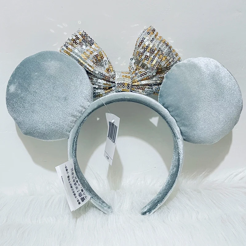 Disney Silver Silk Headband Cartoon Minnie Sequins Mickey Ear Children/Adults Plush Headband Hair Accessories Headwear