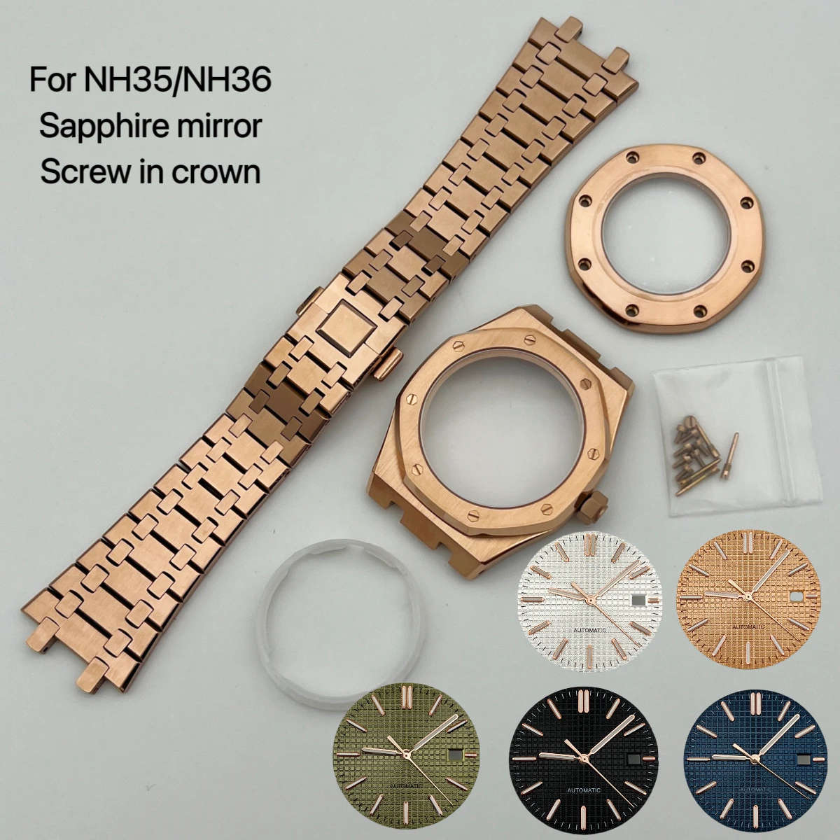 41mm rose plated case with accessories, NH35 movement assembly, men's watch accessories. Fashion Watch